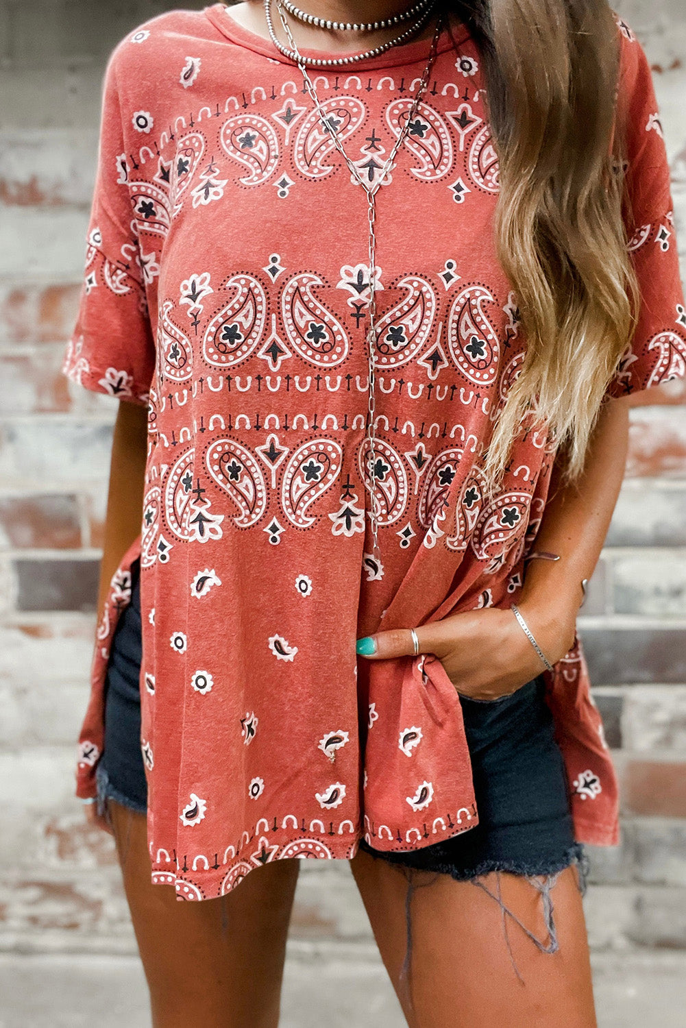 Bandana Printed Side Slit Dropped Shoulder T-Shirt