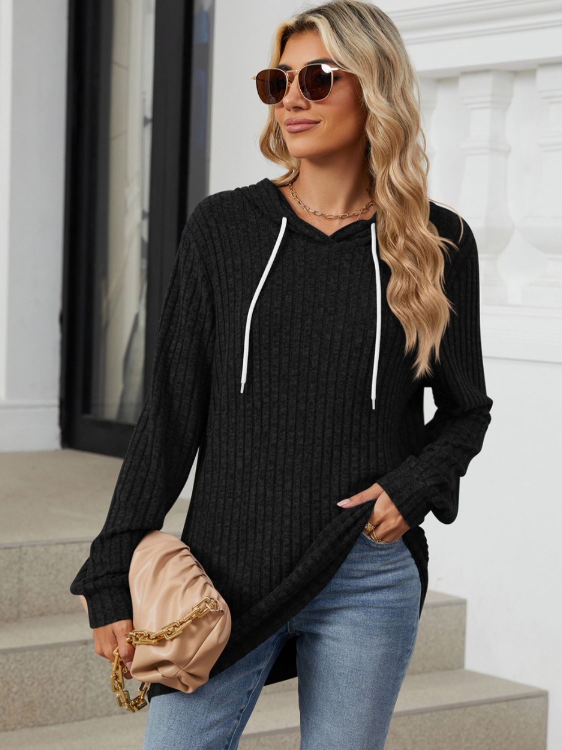 Drawstring Ribbed Hoodie