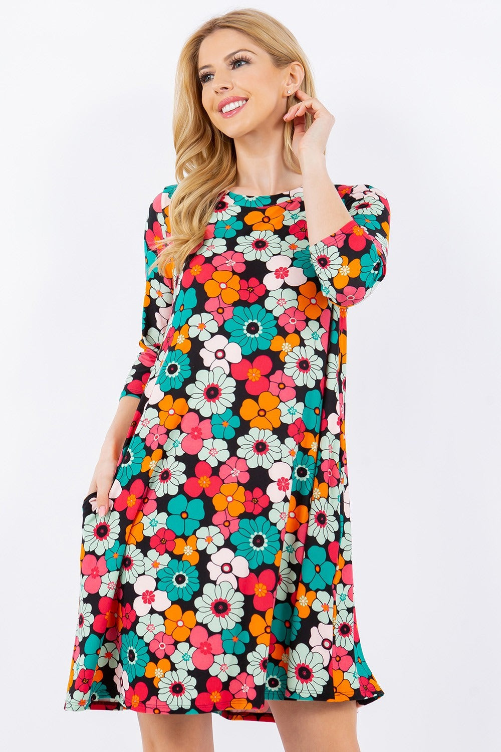 *Celeste* Floral Three-Quarter Sleeve Dress with Pockets