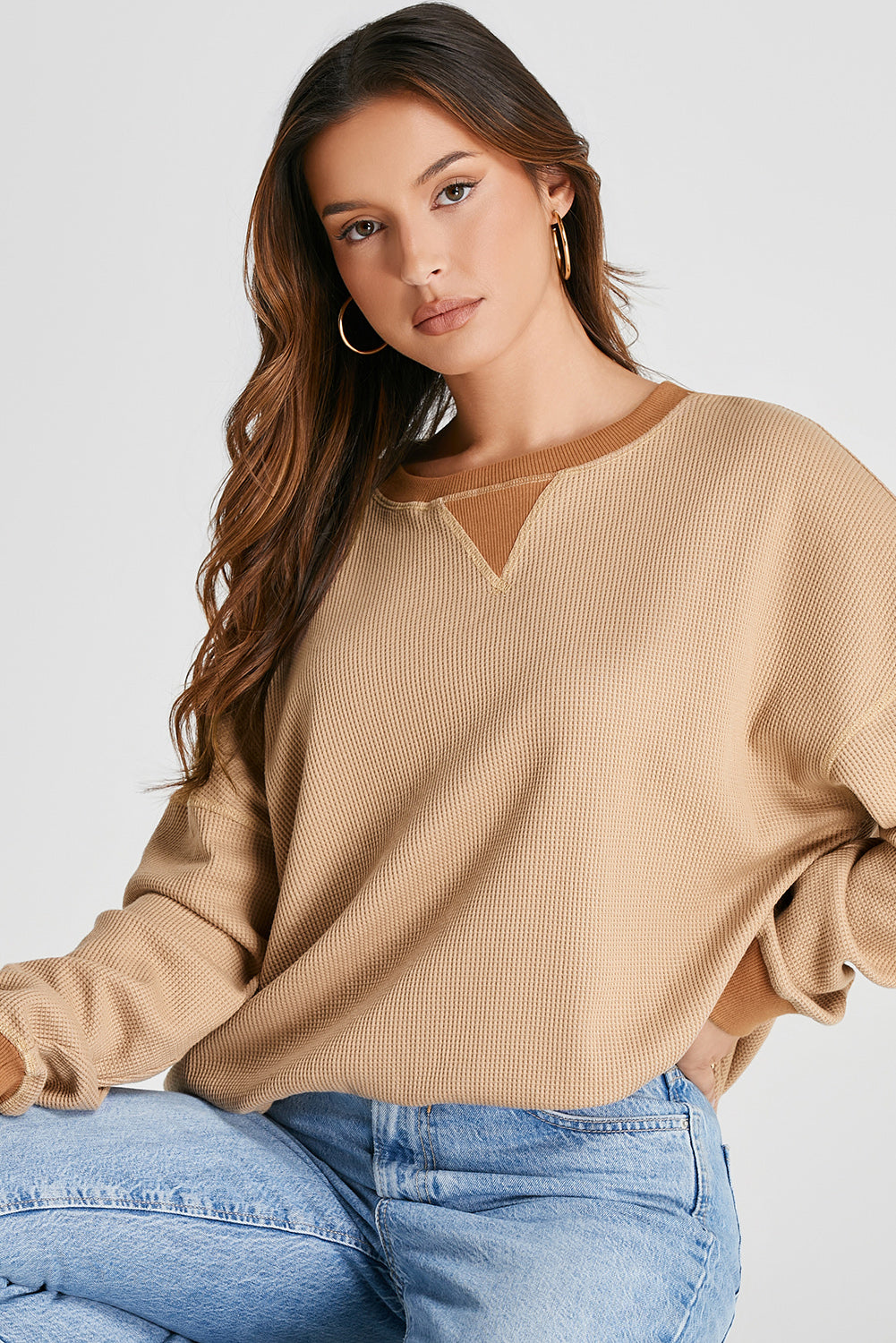 Waffle-Knit Long Sleeve Top