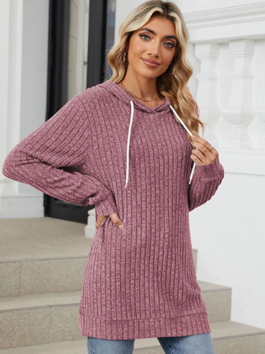 Drawstring Ribbed Hoodie