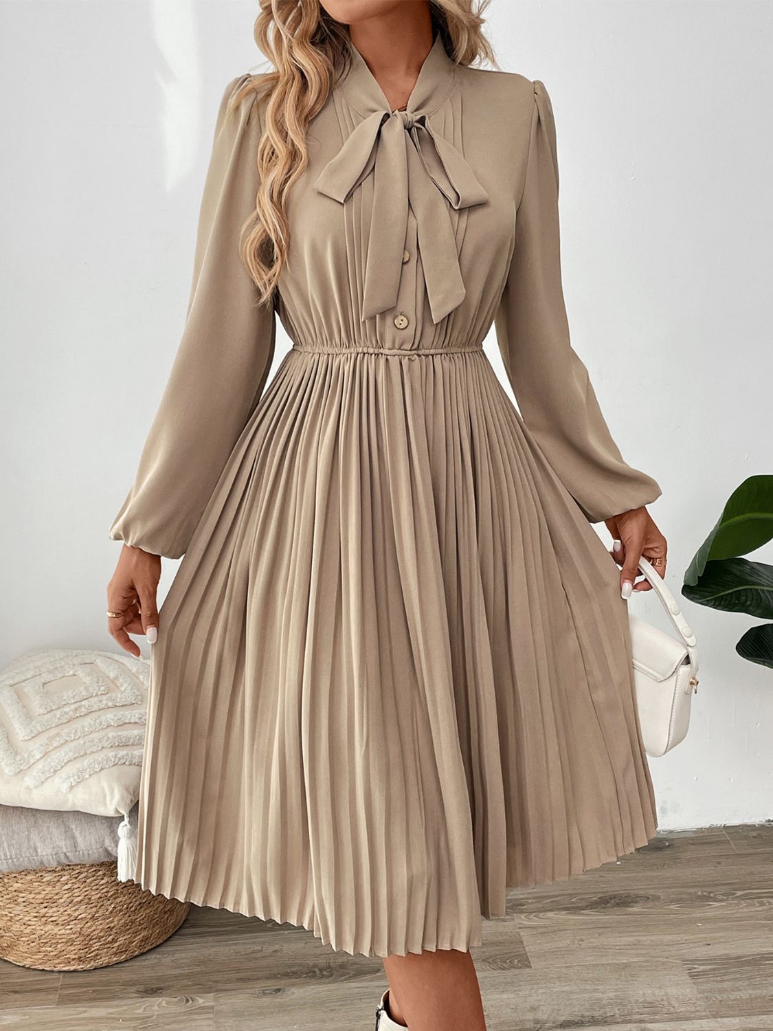 tie neck pleated dress Women's Clipped Tie Neck Pleated Shirt Dress, Blue