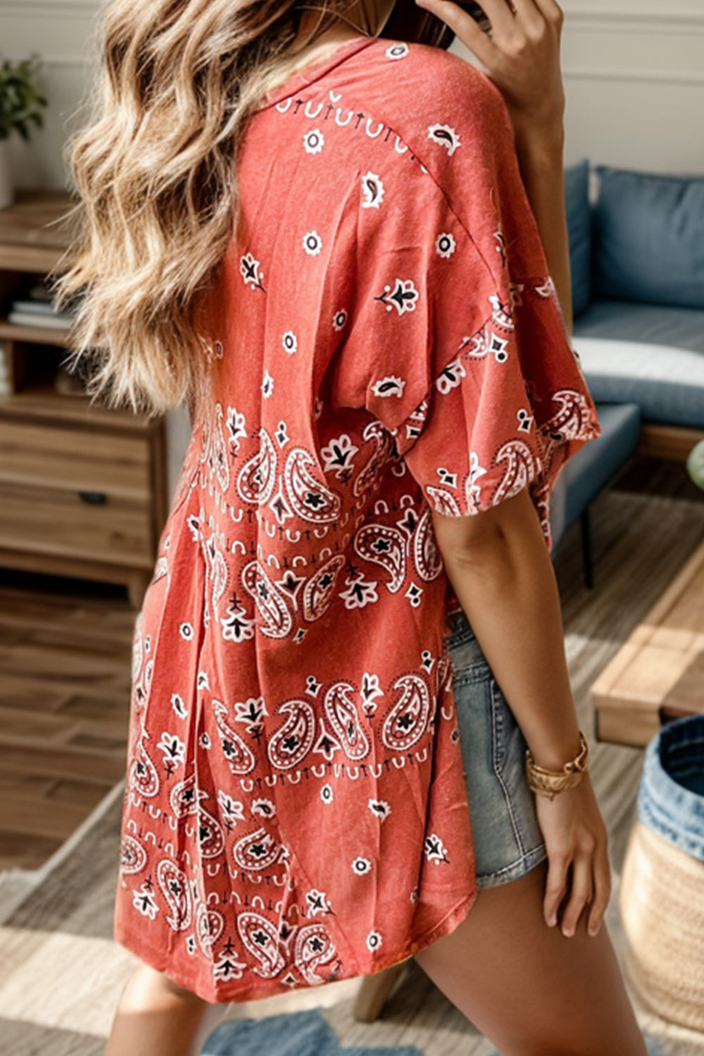 Bandana Printed Side Slit Dropped Shoulder T-Shirt
