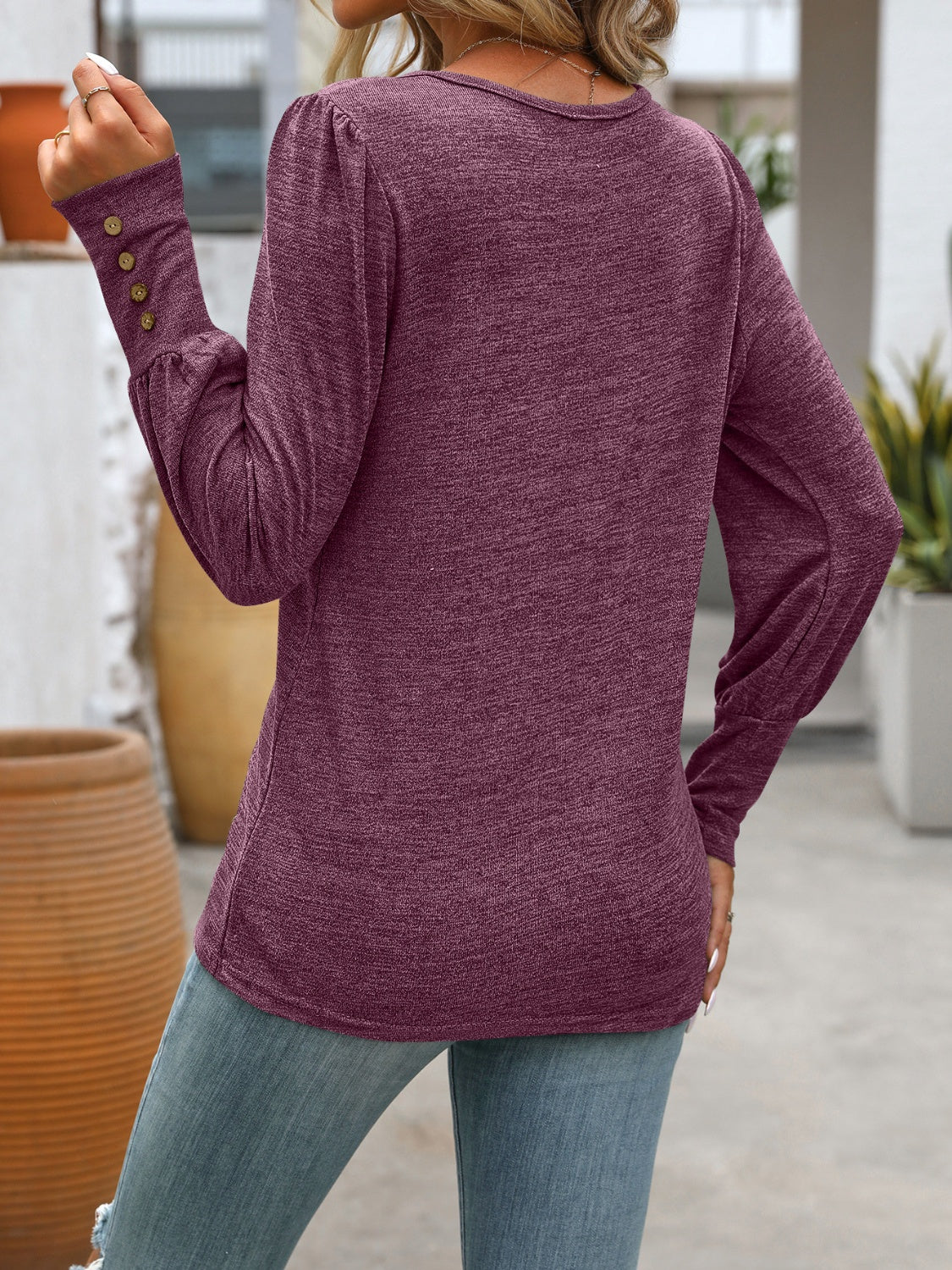 Decorative Button Round Neck Long Sleeve