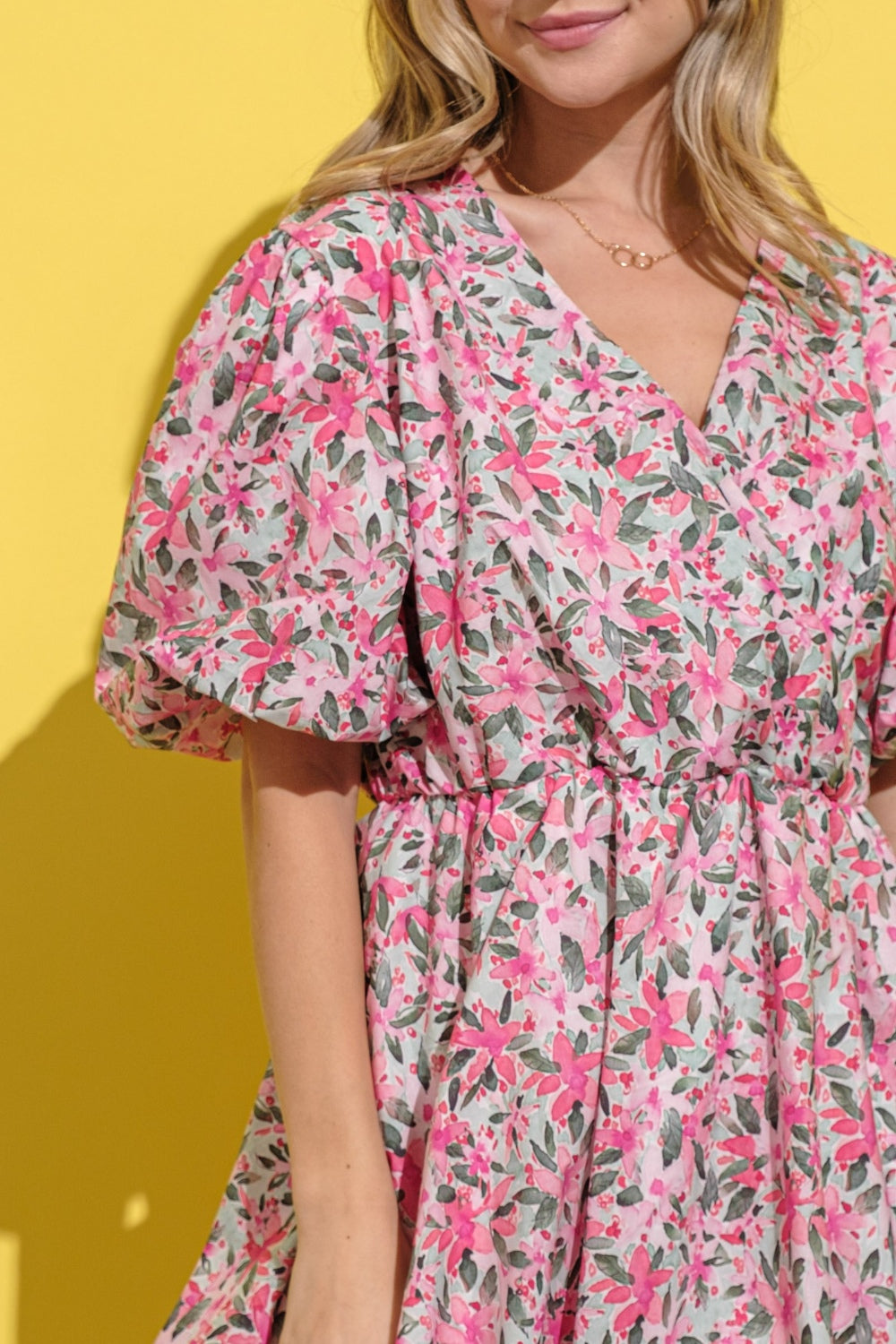And The Why Floral Surplice Puff Sleeve Dress, Pink