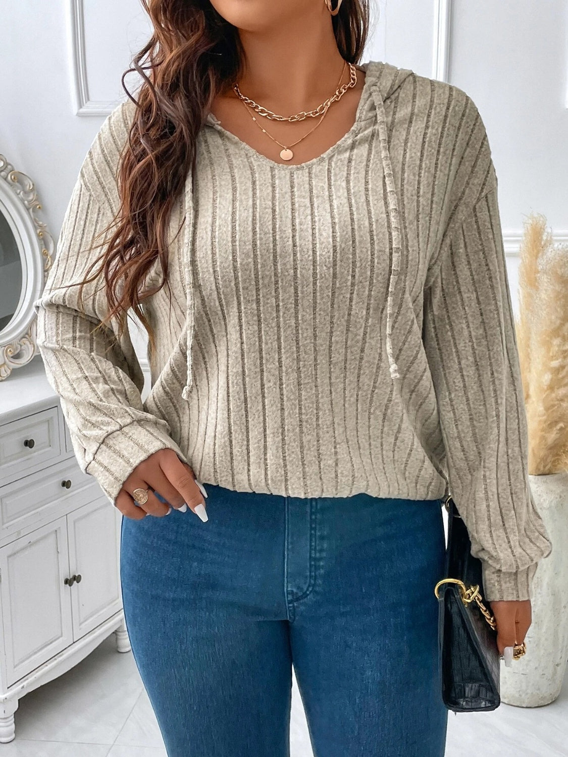Plus Drawstring Dropped Shoulder Hooded T-Shirt