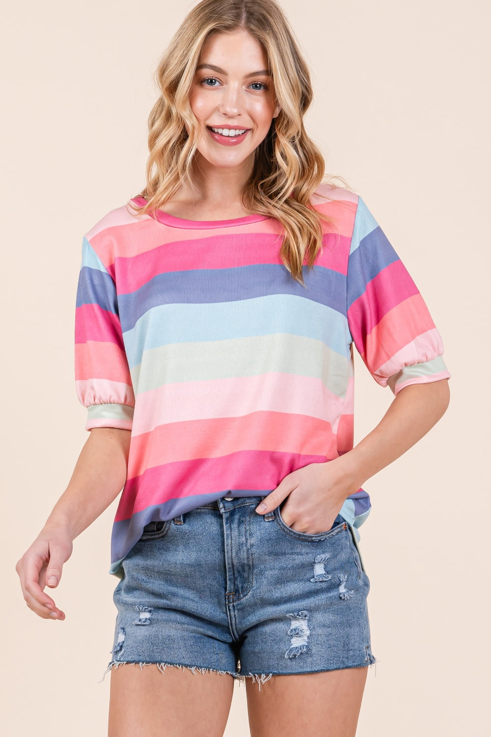 *BOMBOM* Striped Half Sleeve T-Shirt