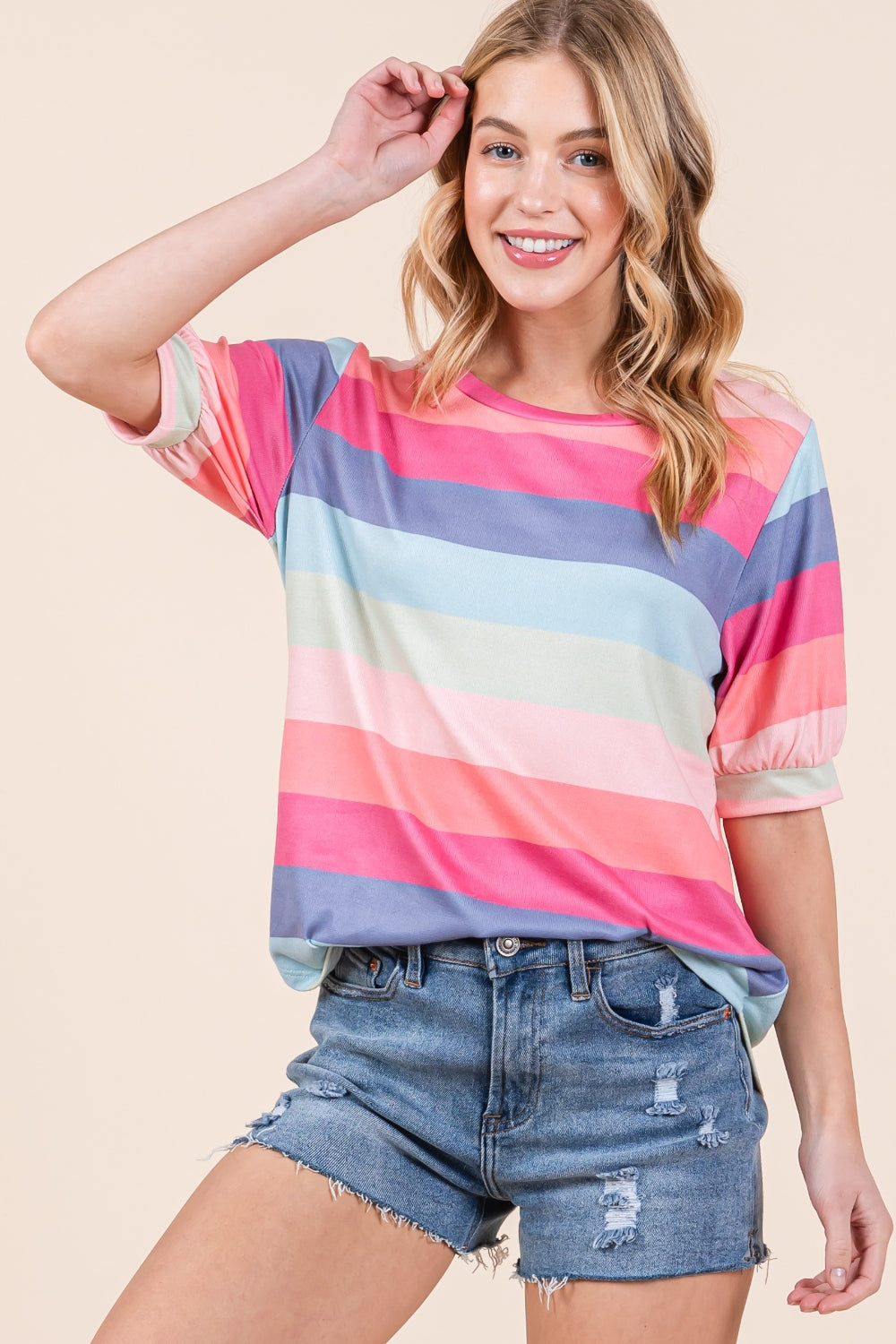 *BOMBOM* Striped Half Sleeve T-Shirt