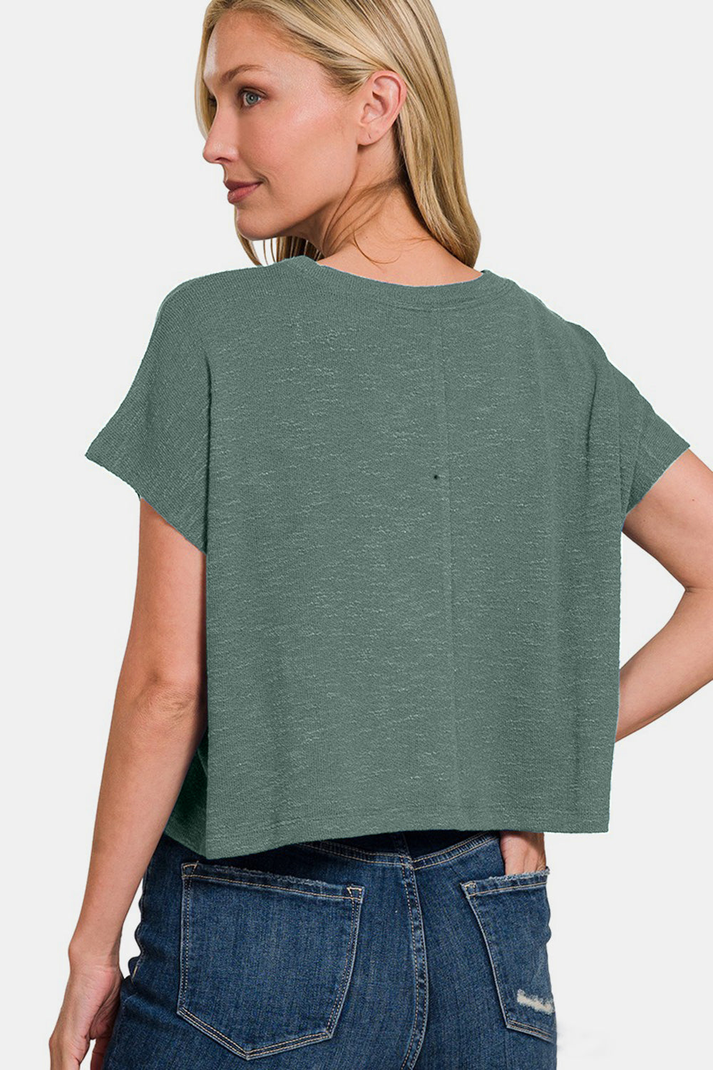Zenana Round Neck Crop in Ash Jade
