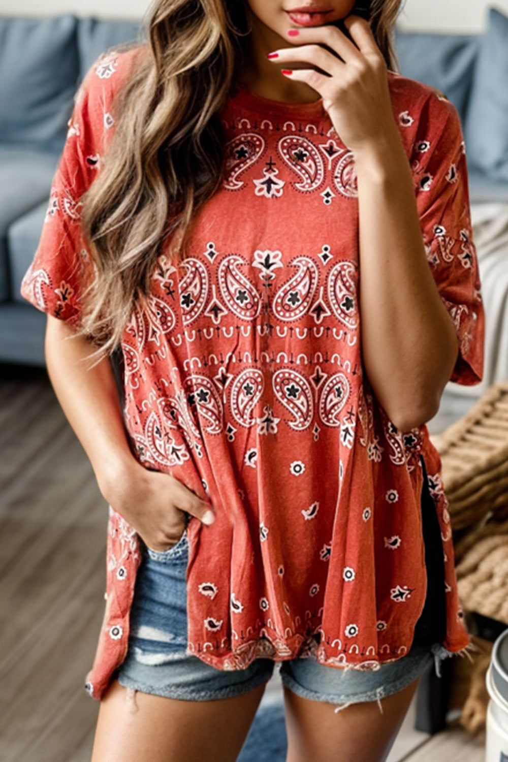 Bandana Printed Side Slit Dropped Shoulder T-Shirt