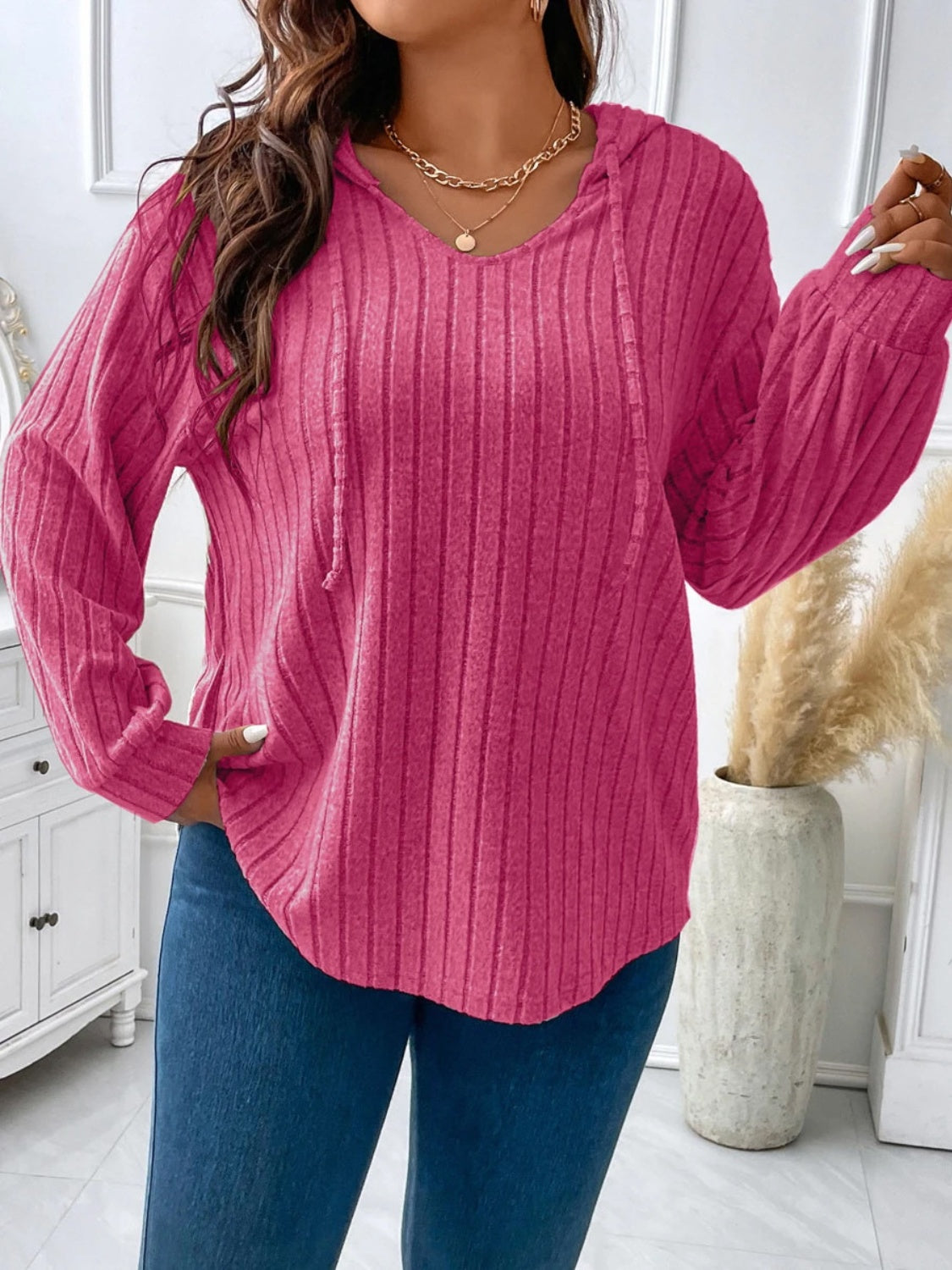 Plus Drawstring Dropped Shoulder Hooded T-Shirt
