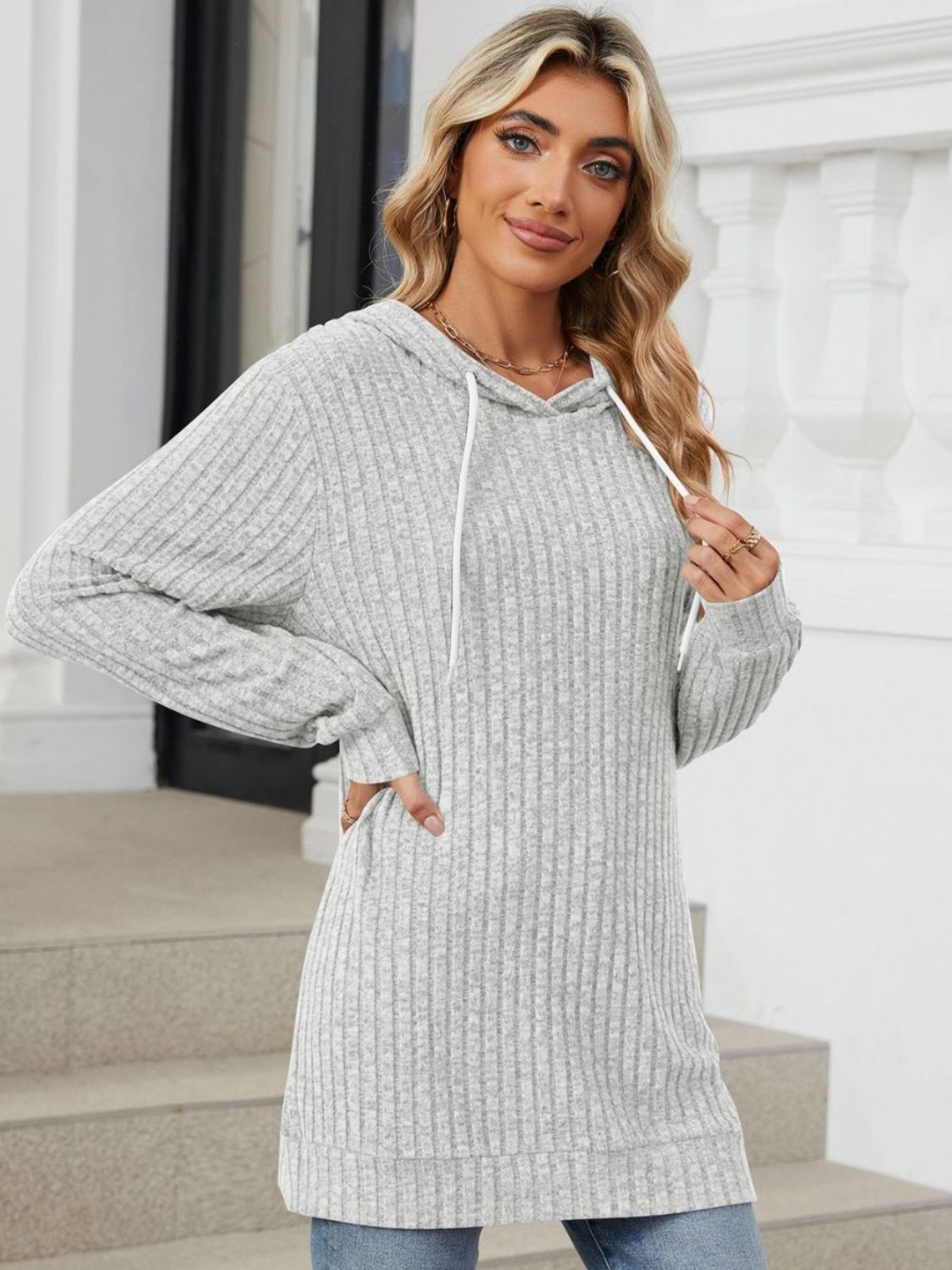 Drawstring Ribbed Hoodie