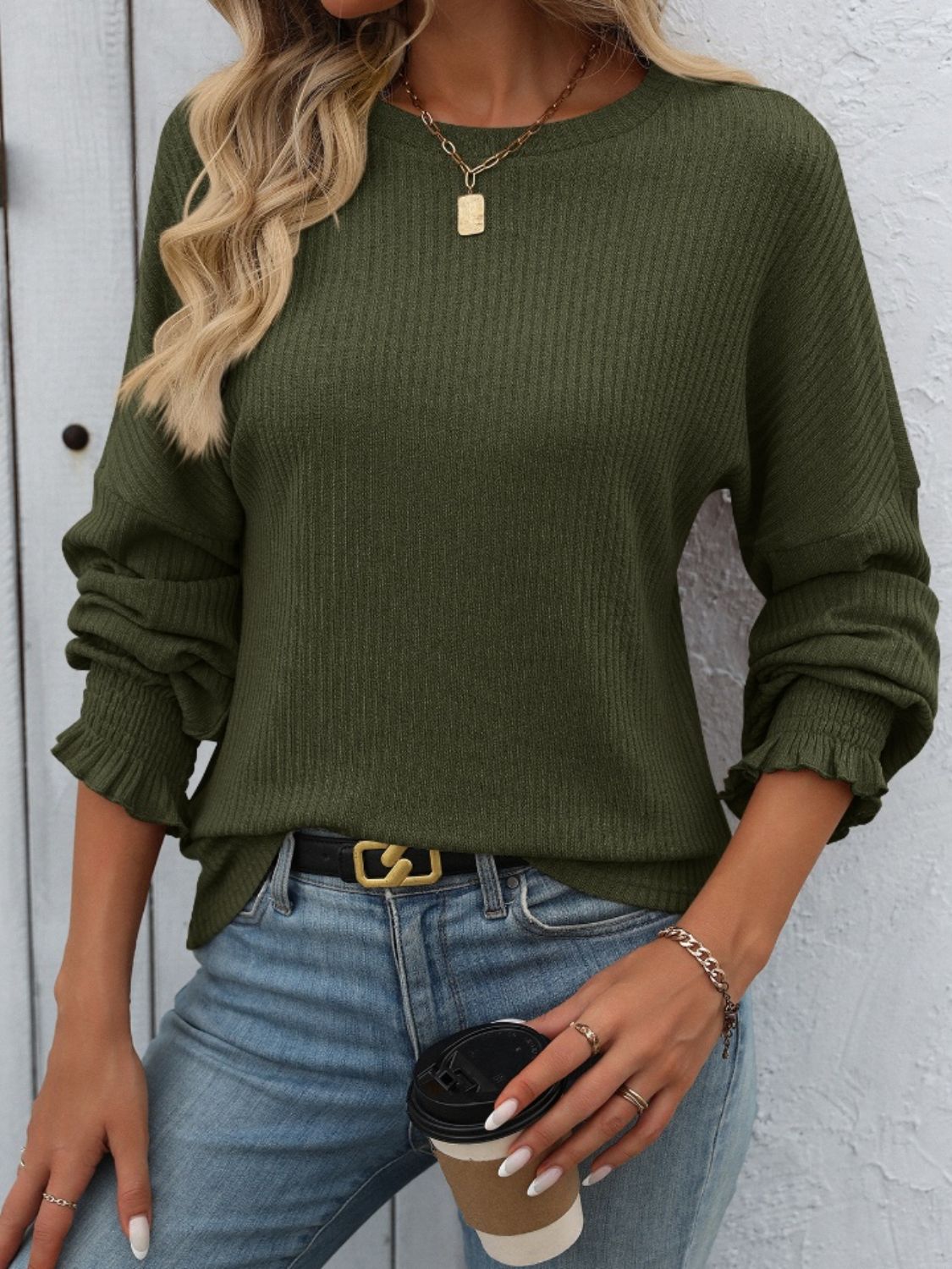 Ribbed Loose Long Sleeve Top