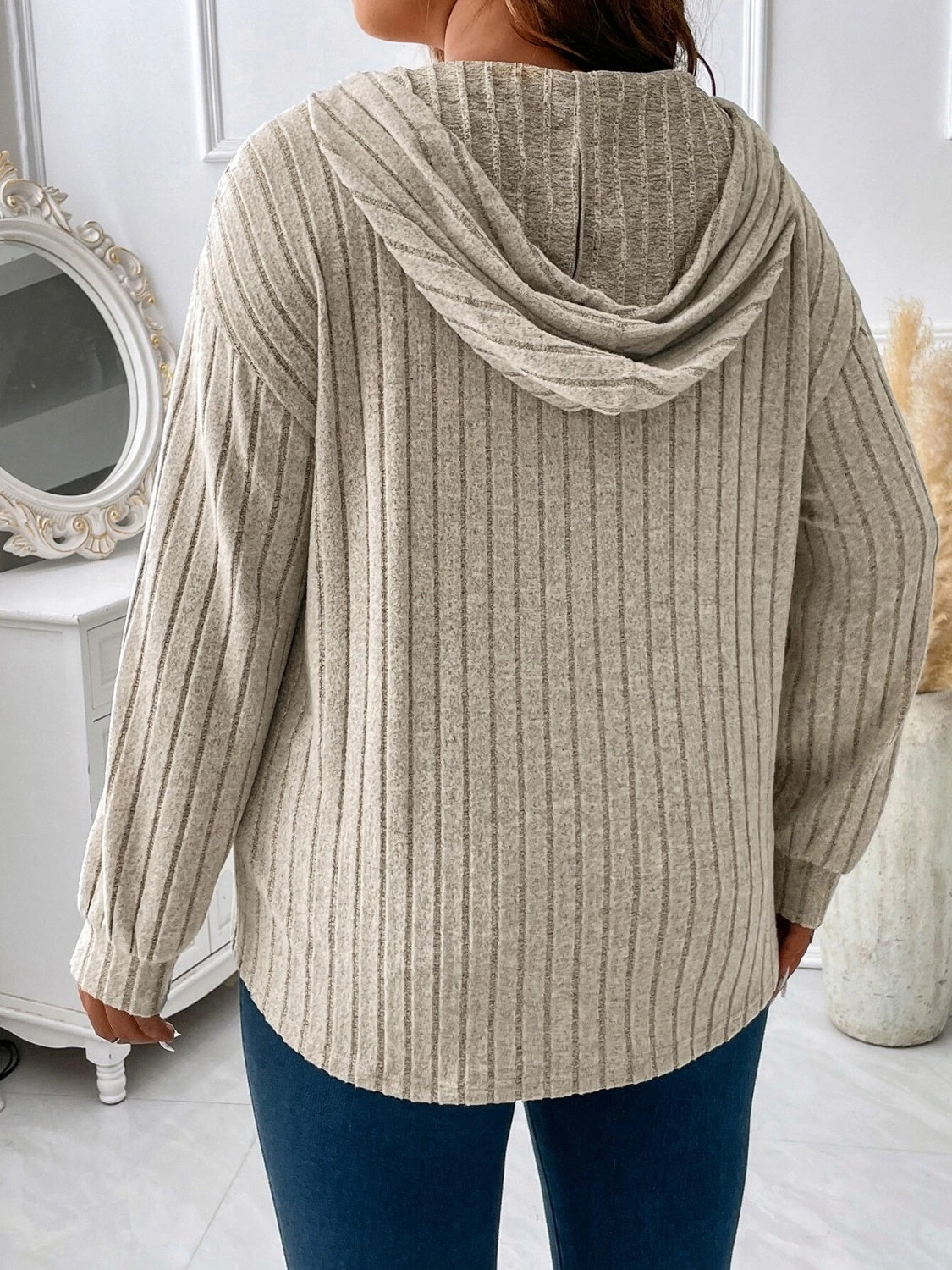 Plus Drawstring Dropped Shoulder Hooded T-Shirt