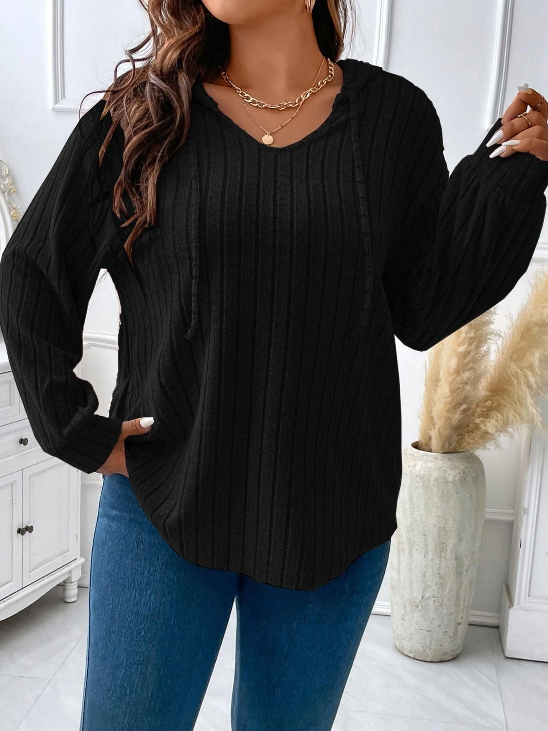 Plus Drawstring Dropped Shoulder Hooded T-Shirt