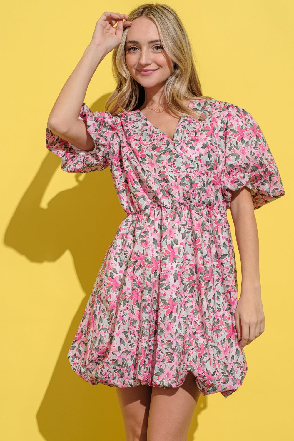 And The Why Floral Surplice Puff Sleeve Dress, Pink