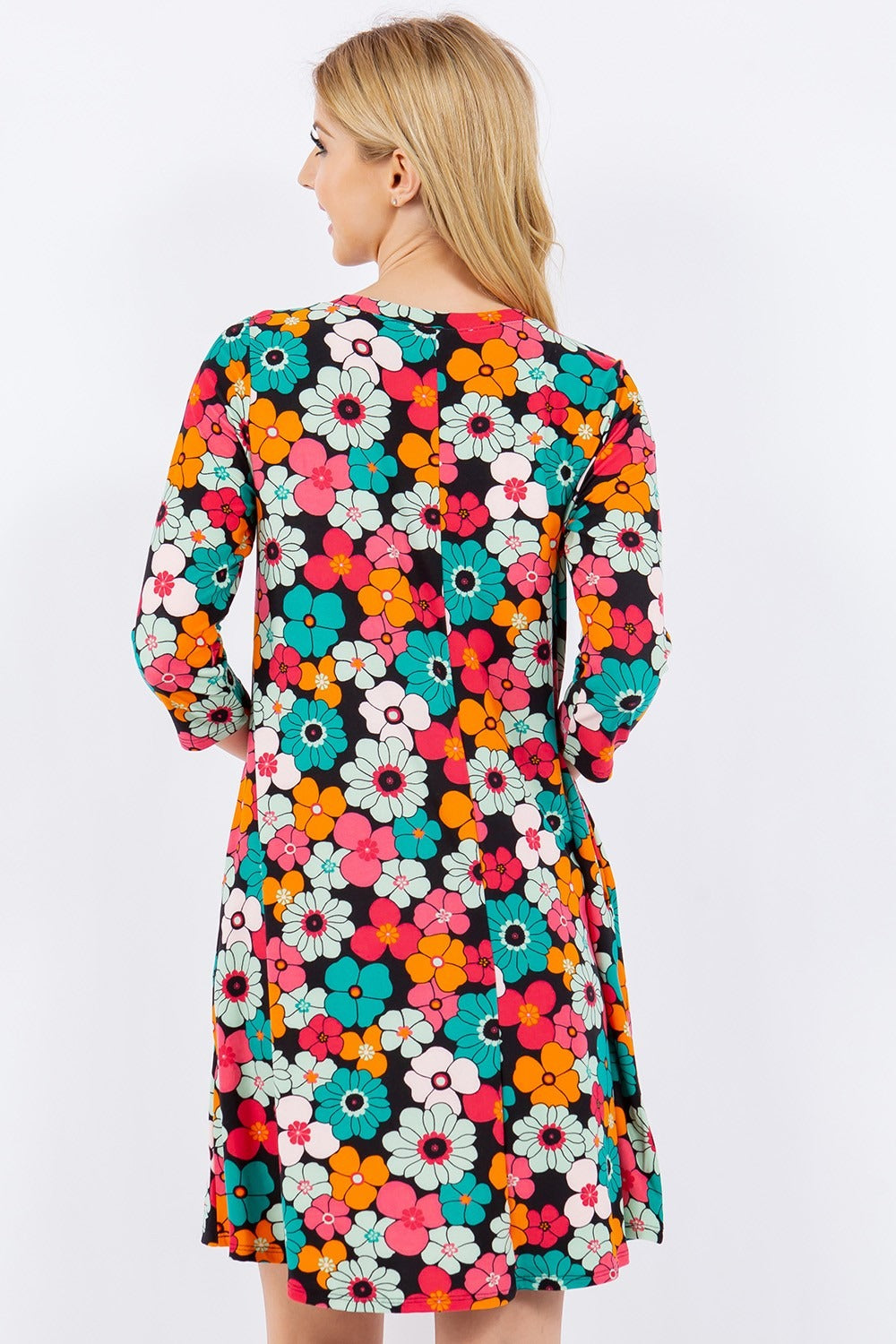 *Celeste* Floral Three-Quarter Sleeve Dress with Pockets