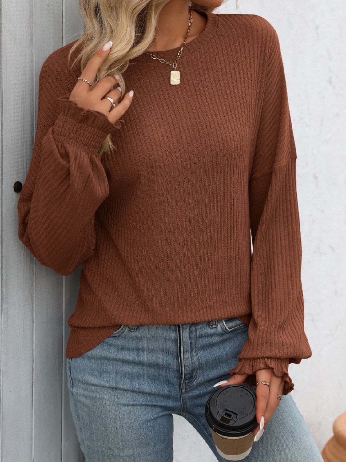 Ribbed Loose Long Sleeve Top