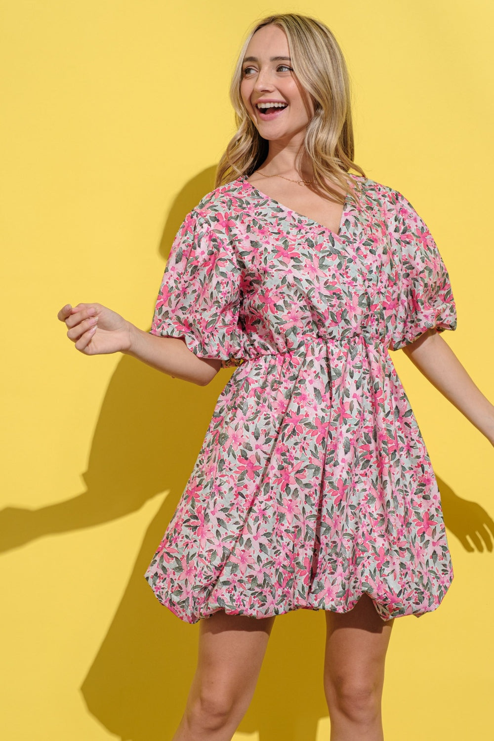 And The Why Floral Surplice Puff Sleeve Dress, Pink