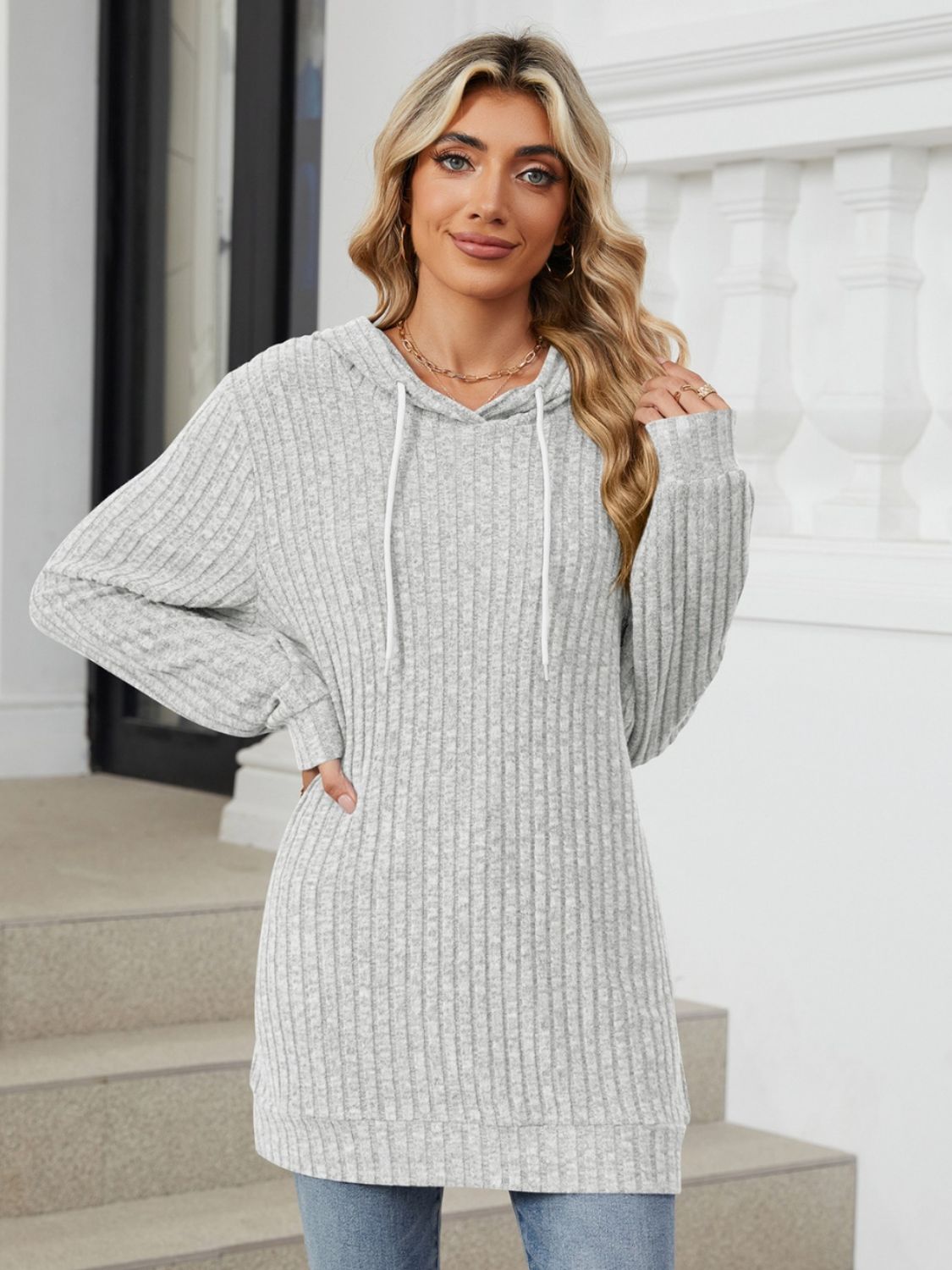 Drawstring Ribbed Hoodie