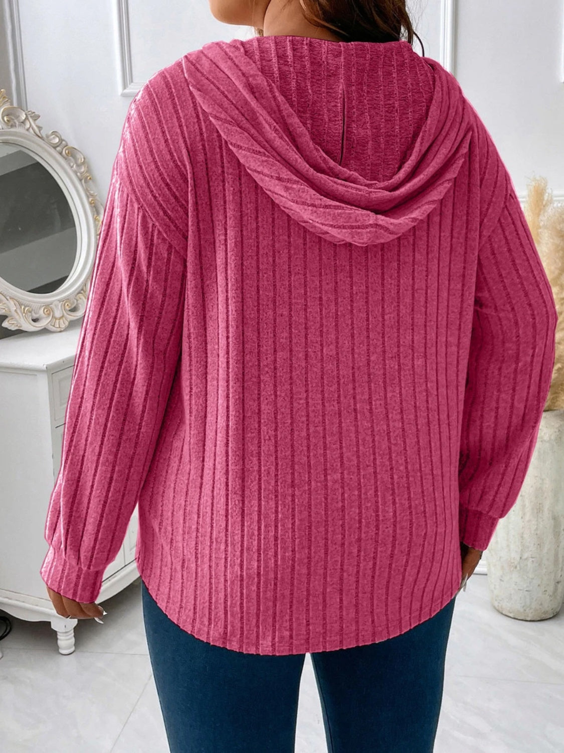 Plus Drawstring Dropped Shoulder Hooded T-Shirt