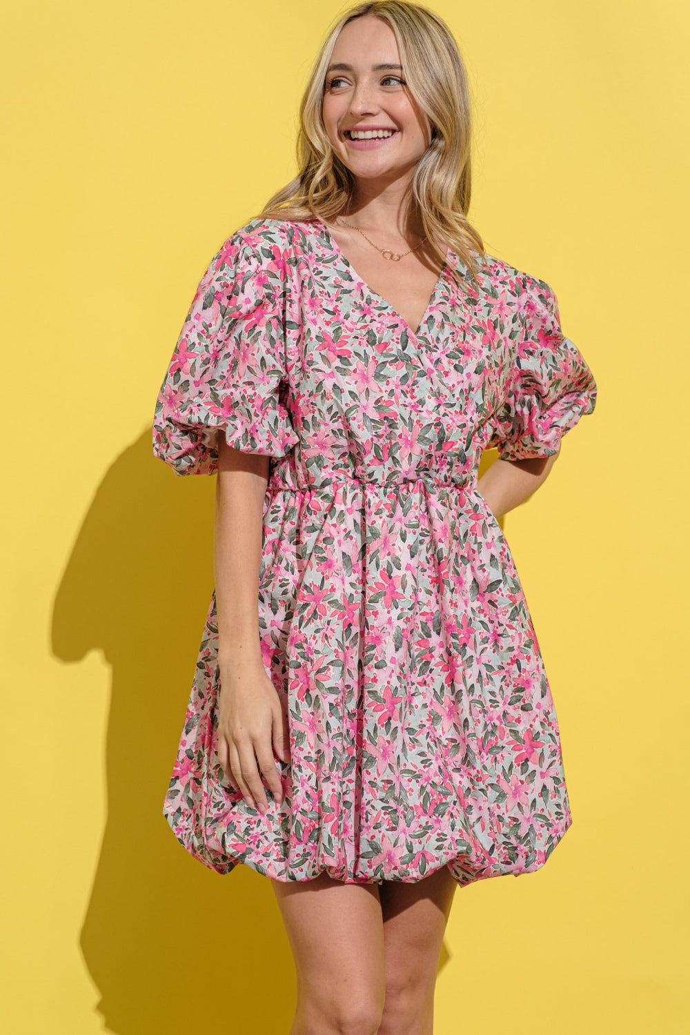 And The Why Floral Surplice Puff Sleeve Dress, Pink