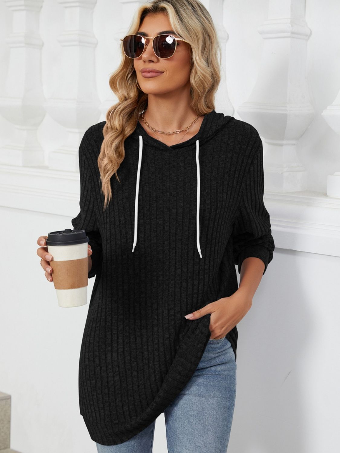 Drawstring Ribbed Hoodie