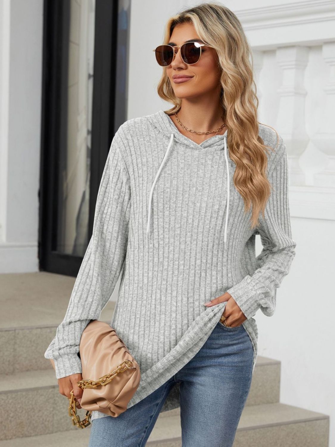 Drawstring Ribbed Hoodie