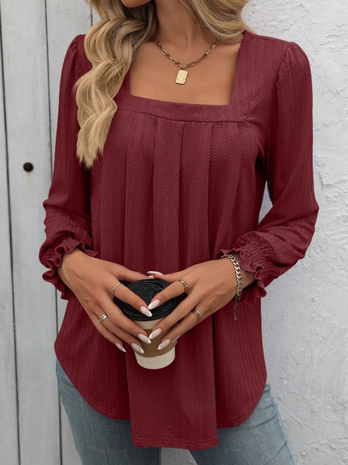 Square Neck Front Pleat Long Sleeve Top