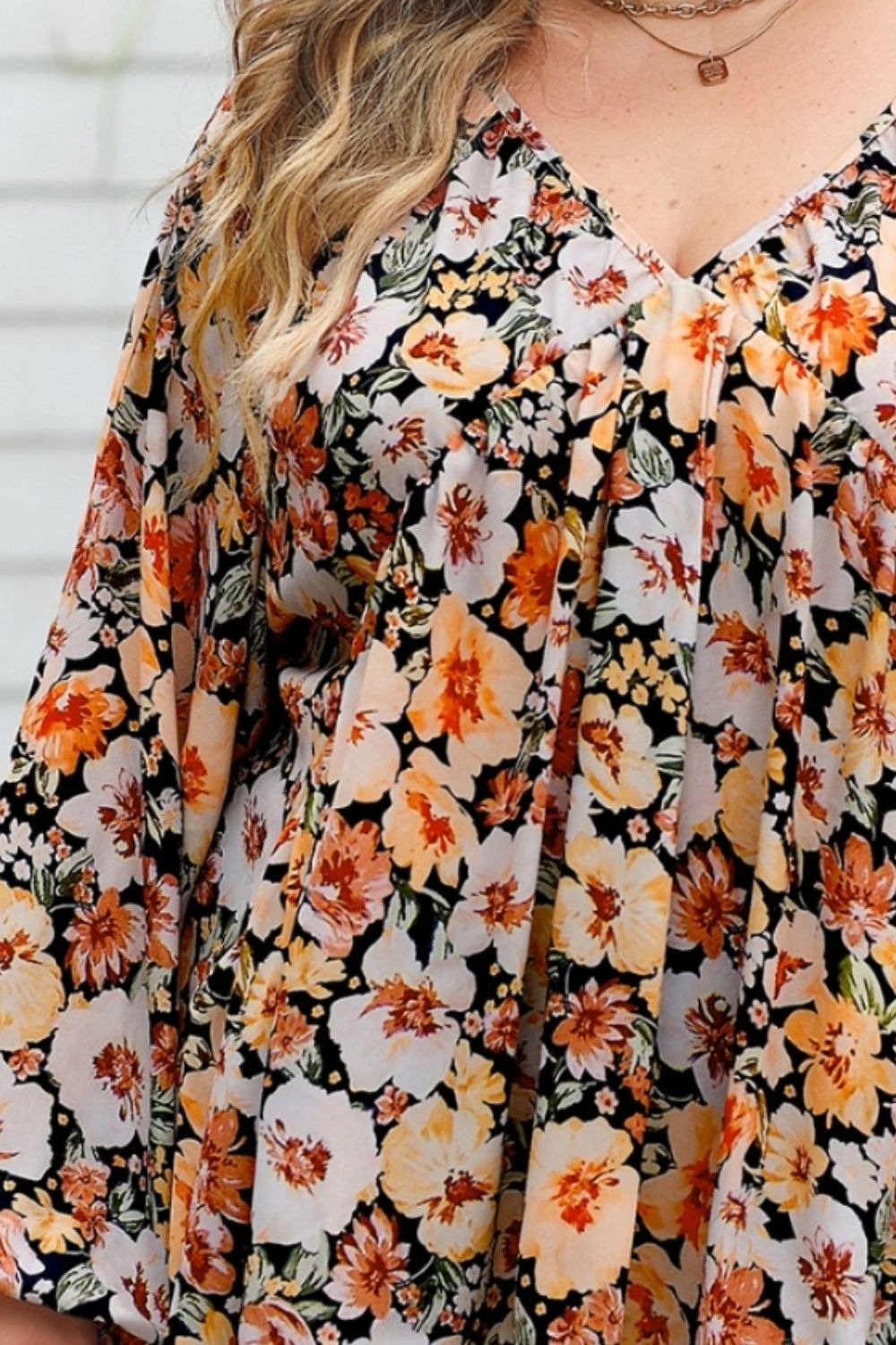 Plus Floral V-Neck Balloon Sleeve Blouse