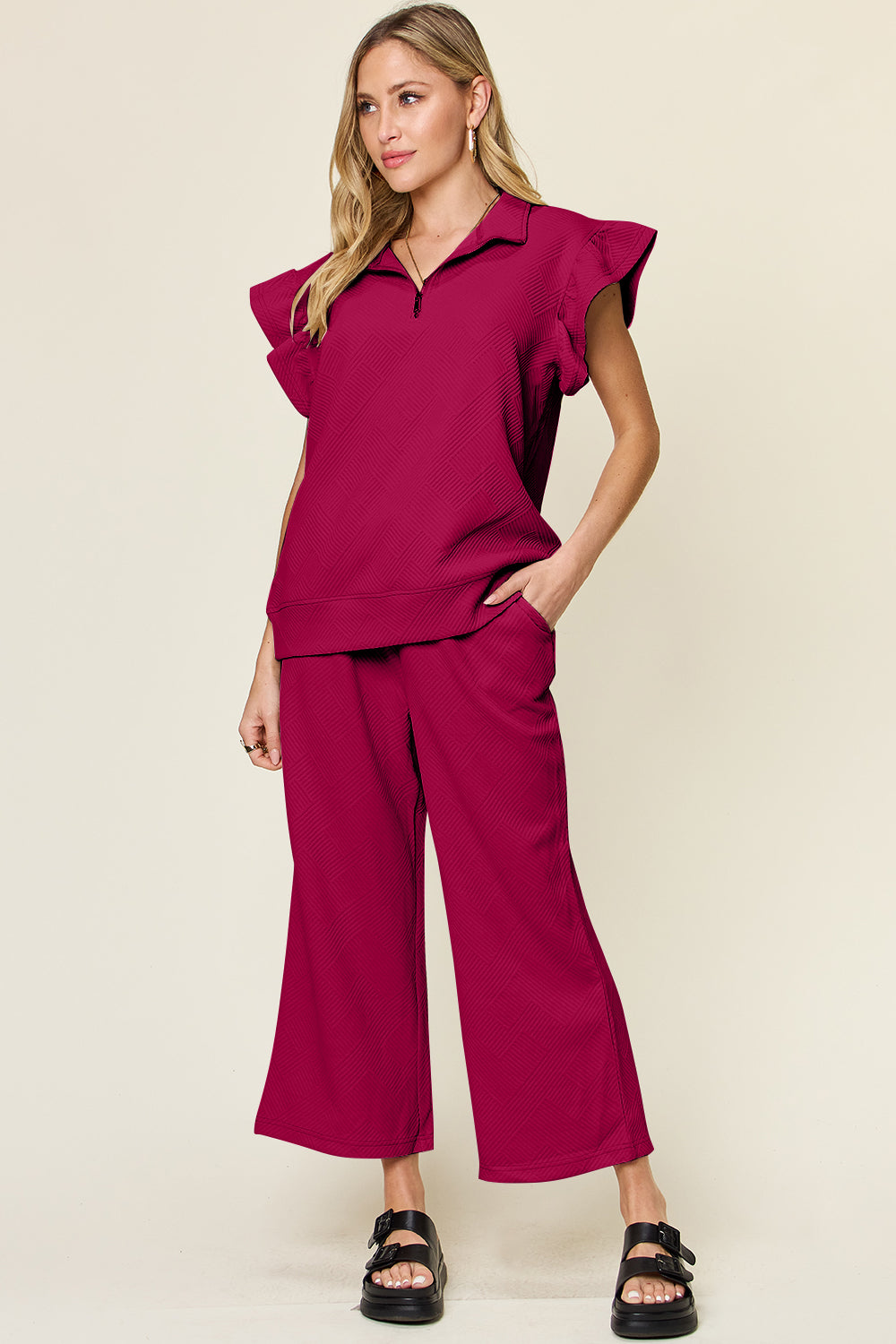 *Double Take* Texture Ruffle Short Sleeve Top and Drawstring Wide Leg Pants Set