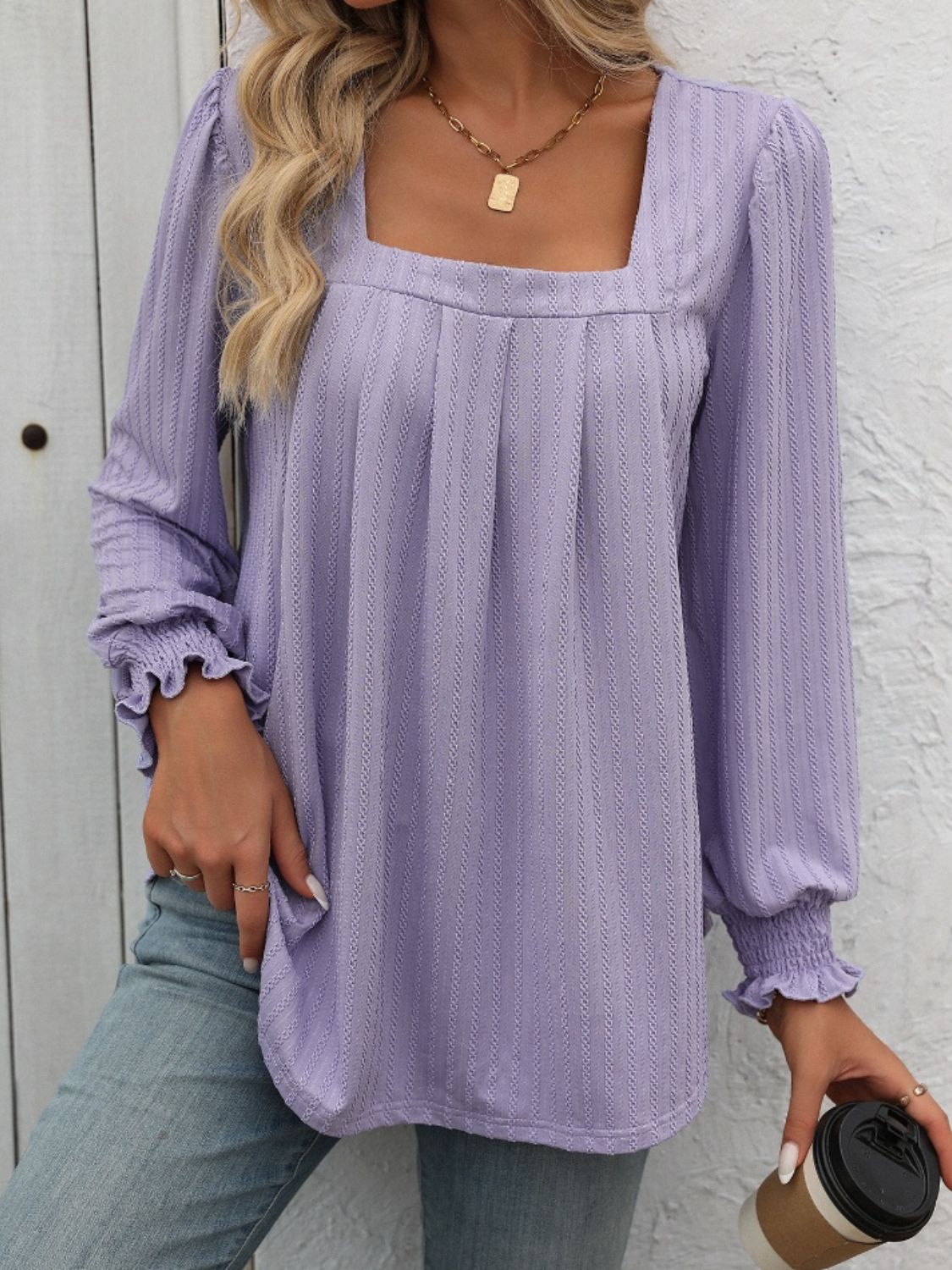 Square Neck Front Pleat Long Sleeve Top