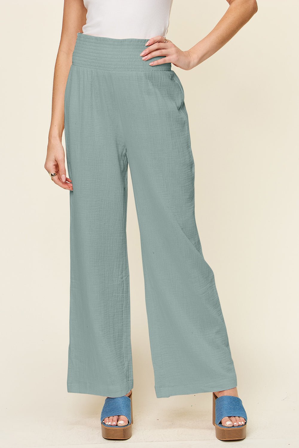 *Double Take* Texture Smocked Waist Wide Leg Pants