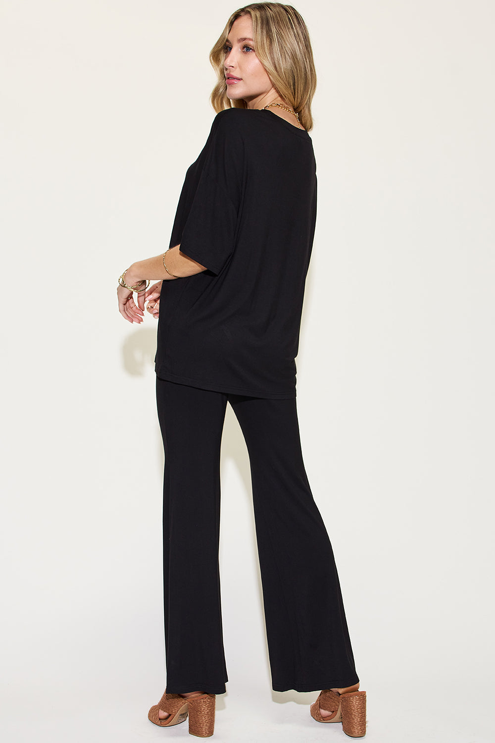 *Basic Bae* Bamboo Drop Shoulder T-Shirt and Flare Pants Set