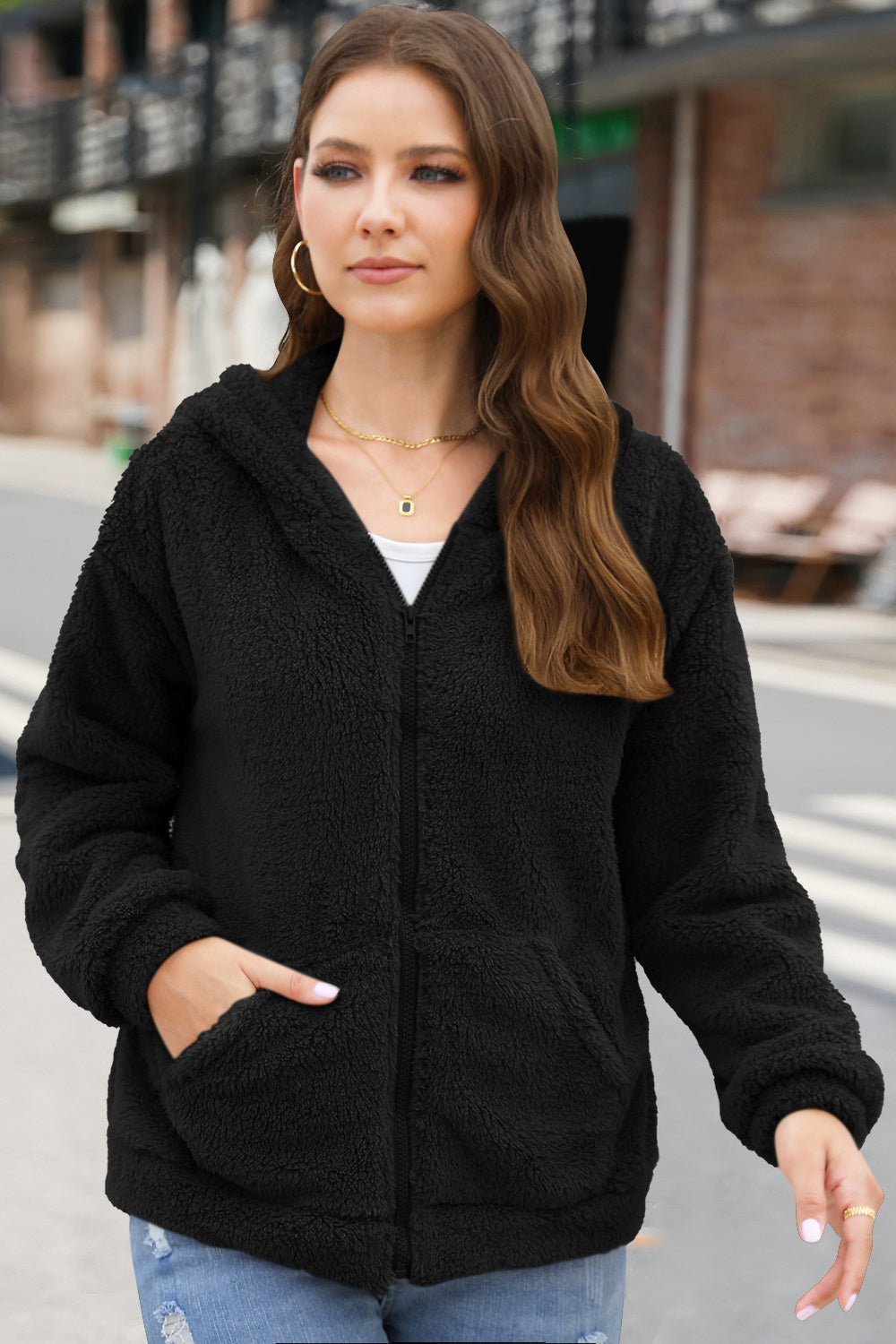 Zip Up Long Sleeve Fuzzy Hooded Outerwear