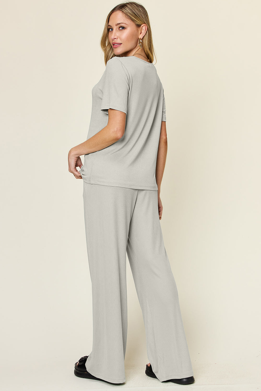 *Double Take* Round Neck Short Sleeve T-Shirt and Wide Leg Pants Set