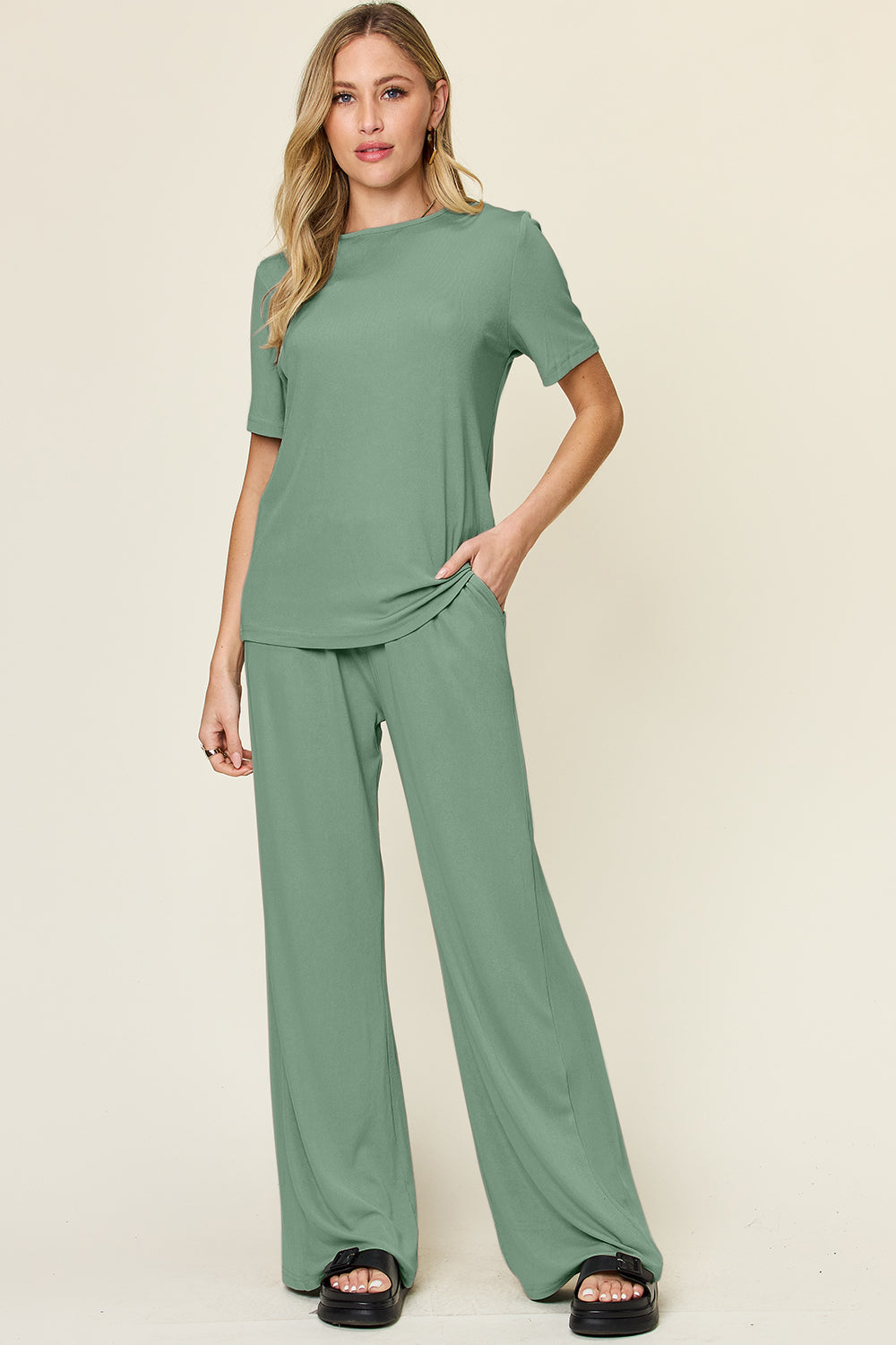 *Double Take* Round Neck Short Sleeve T-Shirt and Wide Leg Pants Set