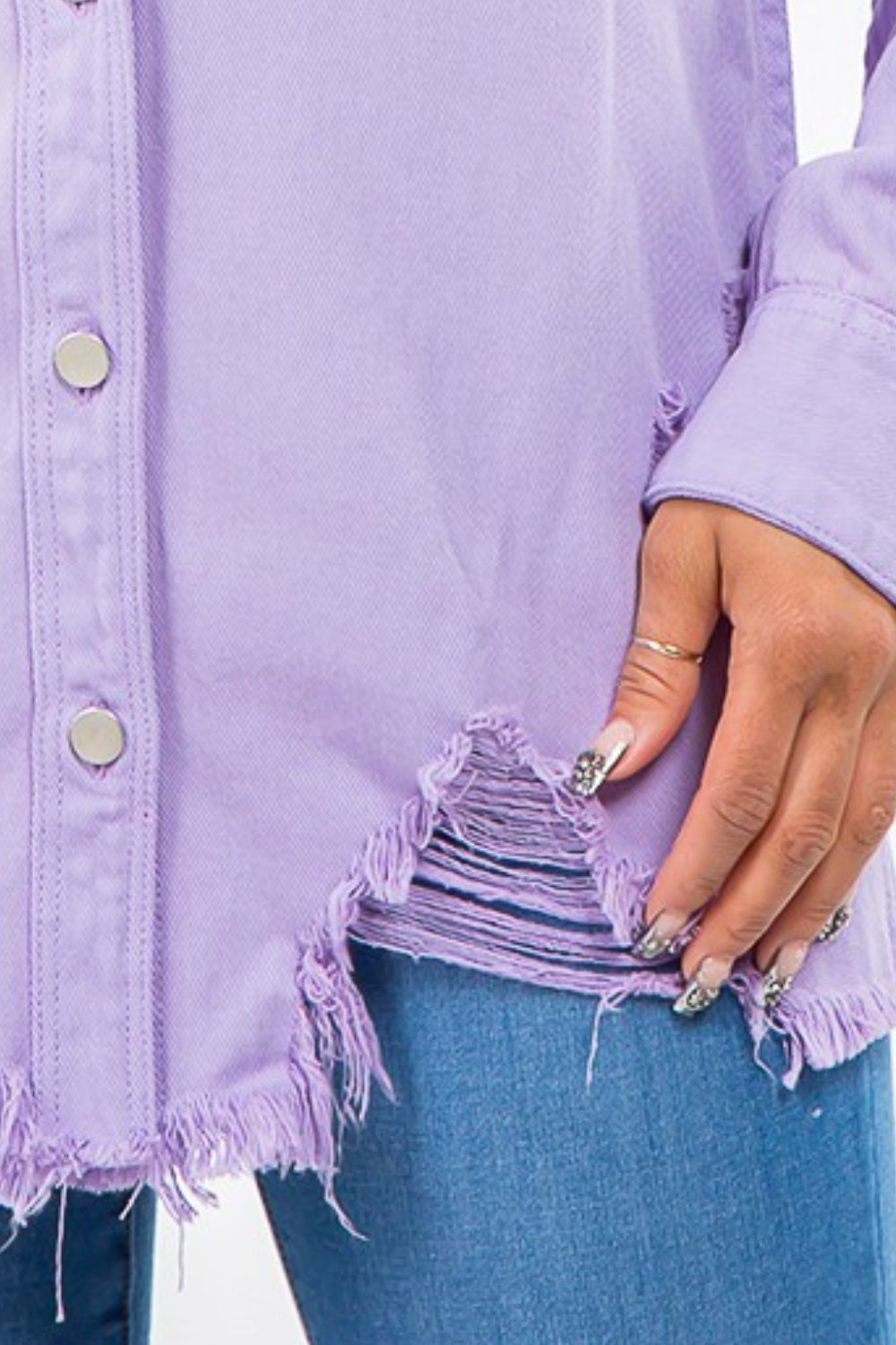 *American Bazi* Frayed Hem Distressed Denim Jacket in Lavender