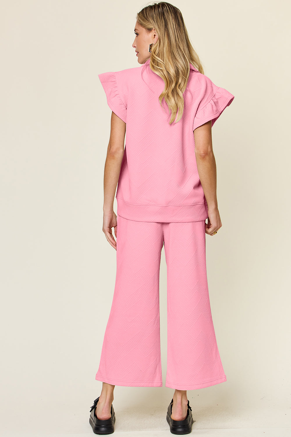 *Double Take* Texture Ruffle Short Sleeve Top and Drawstring Wide Leg Pants Set