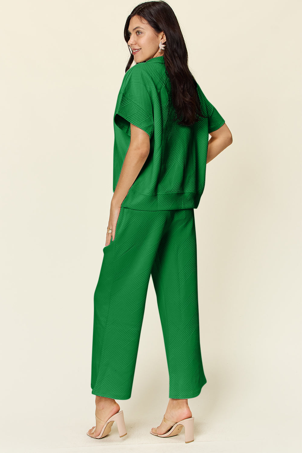 *Double Take* Texture Half Zip Short Sleeve Top and Pants Set