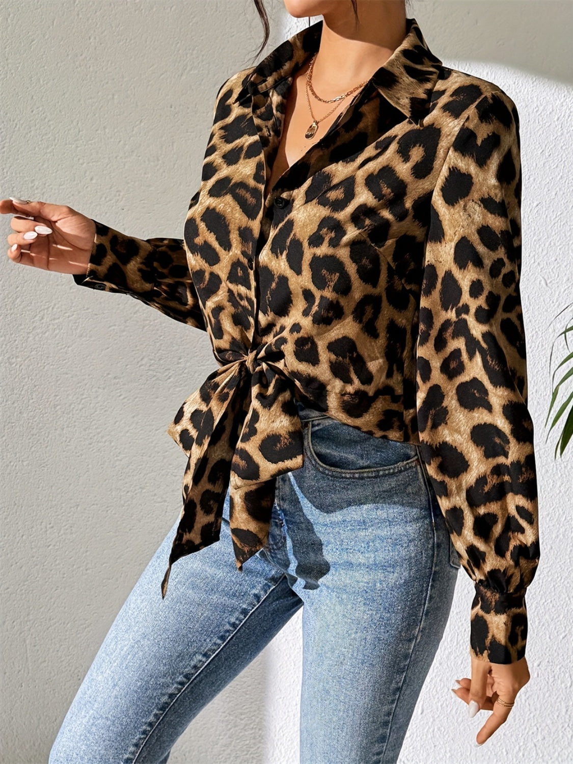 Leopard Collared Neck Long Sleeve Shirt