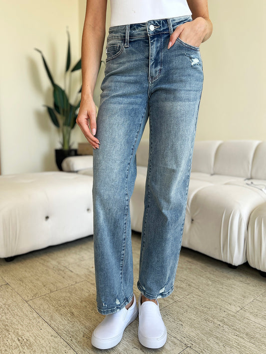 Judy Blue Mid Rise Distressed Straight Jeans