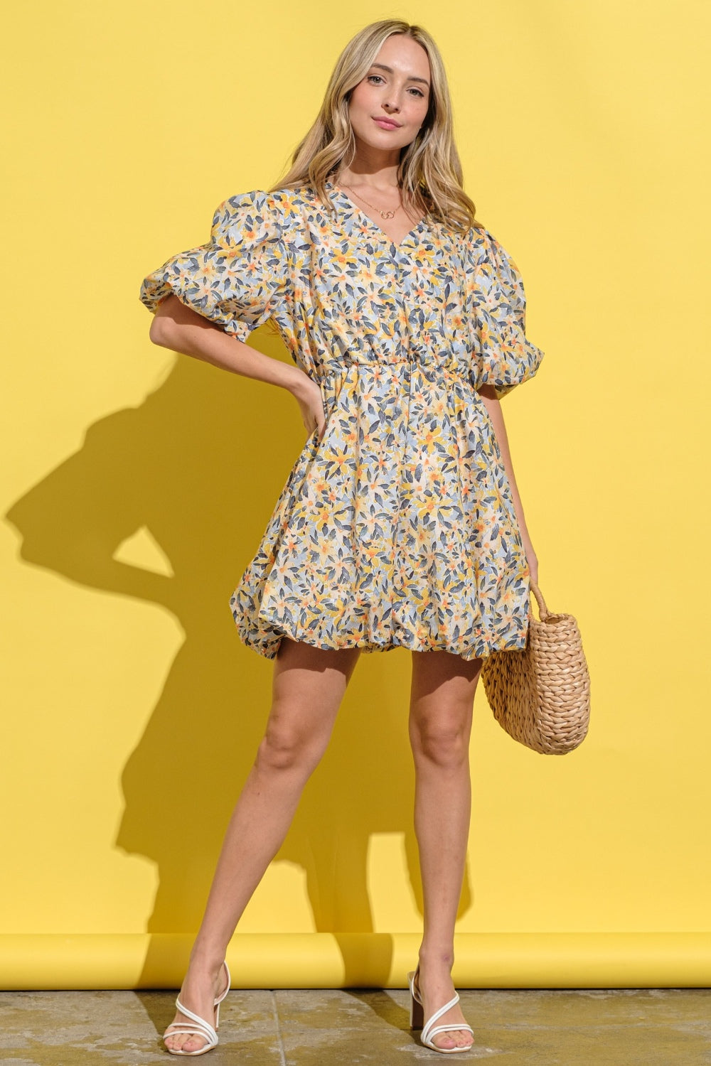 And The Why Floral Surplice Puff Sleeve Dress, Yellow