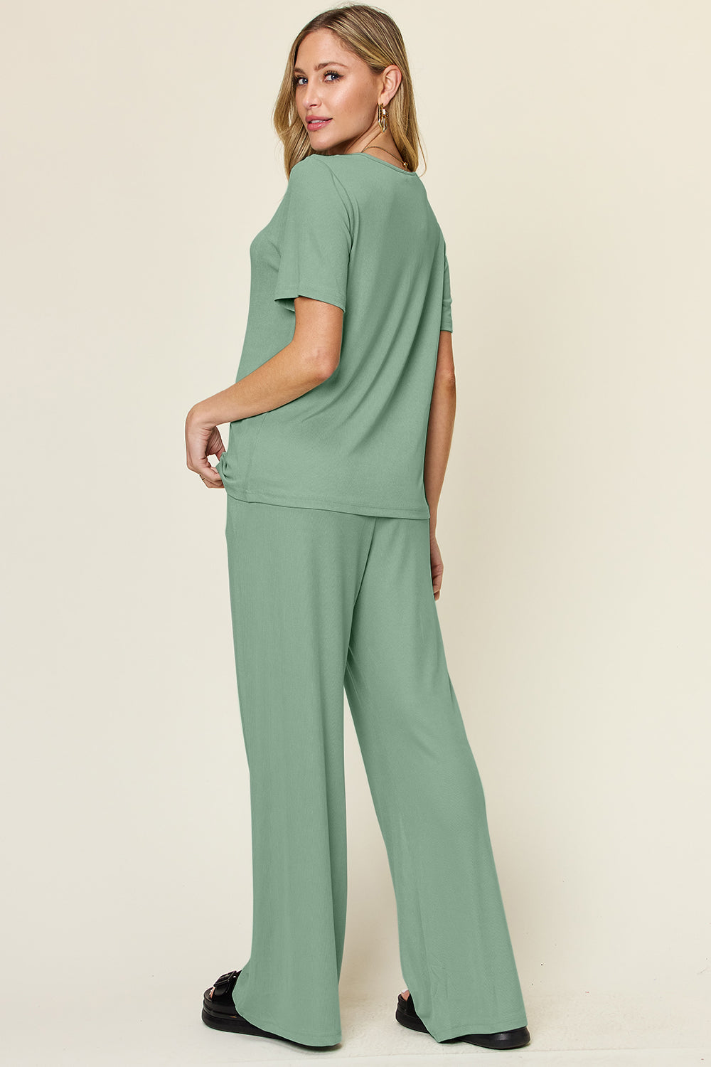 *Double Take* Round Neck Short Sleeve T-Shirt and Wide Leg Pants Set