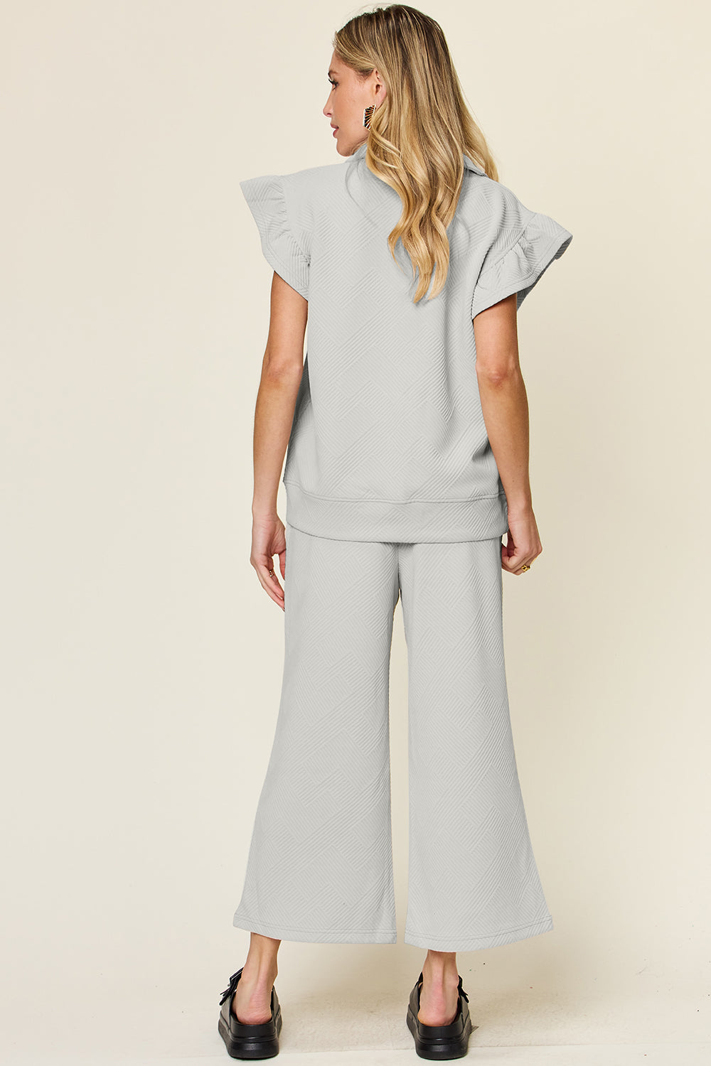 *Double Take* Texture Ruffle Short Sleeve Top and Drawstring Wide Leg Pants Set