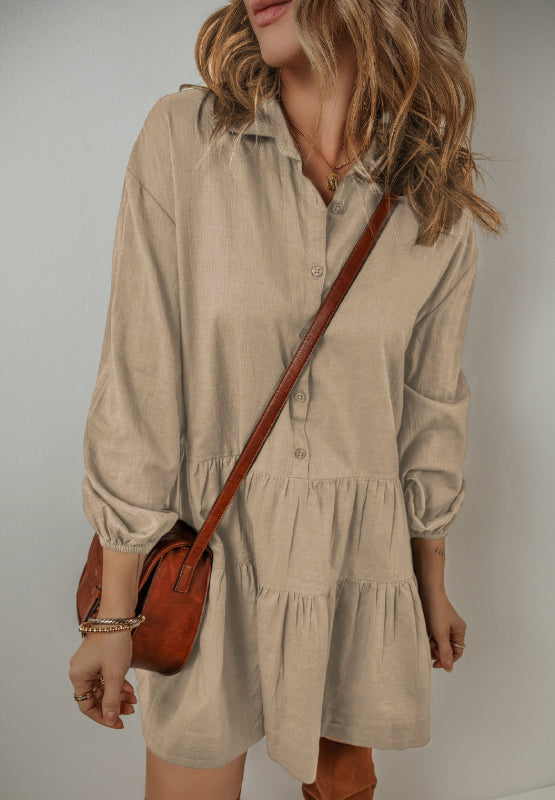 Tiered Collared Neck Balloon Sleeve Shirt Dress