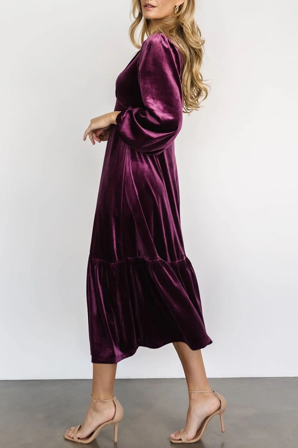 V-Neck Long Sleeve Midi Velvet Dress