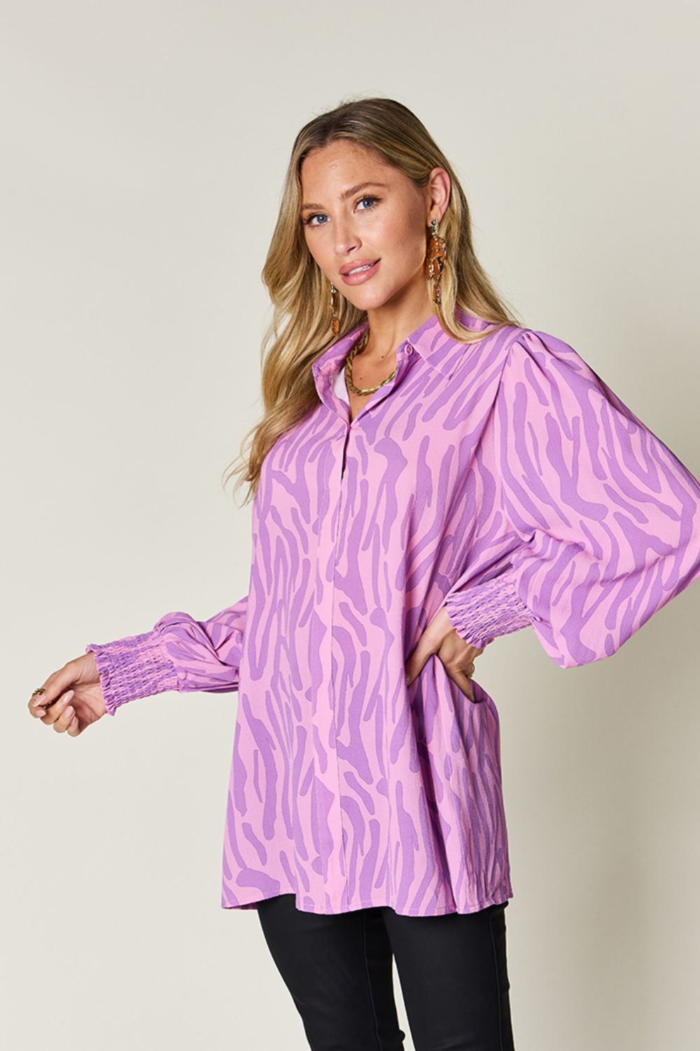 *Double Take* Printed Smocked Long Sleeve Blouse