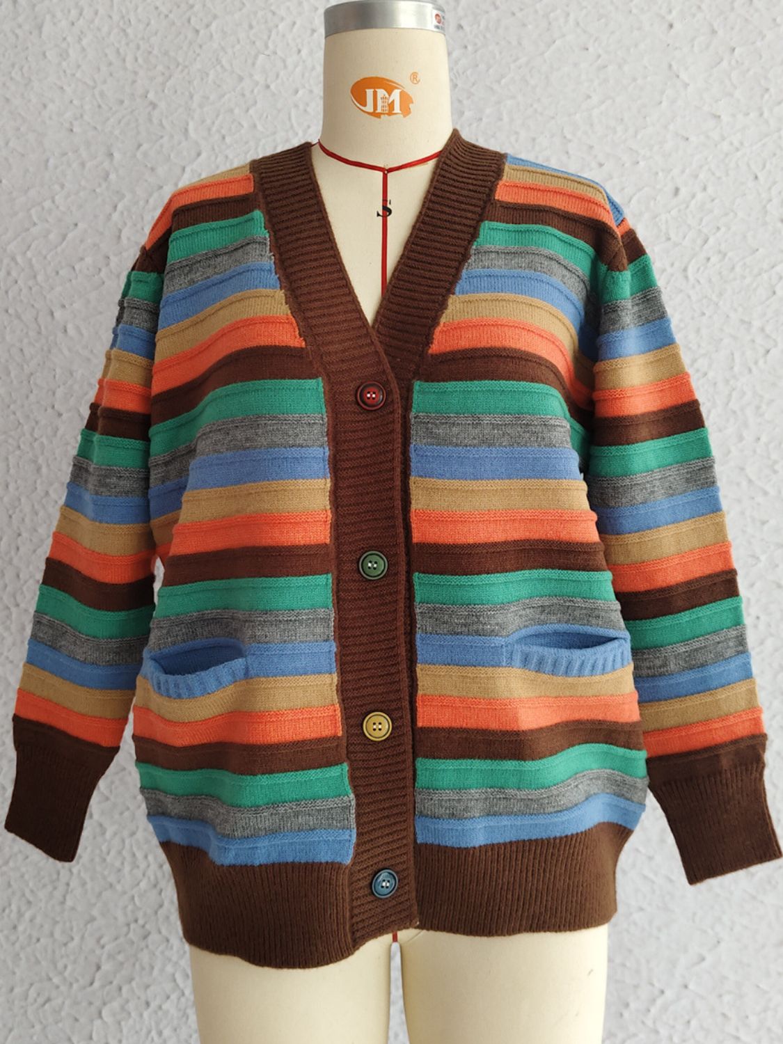 Contrast Stripes Button Up Long Sleeve Cardigan