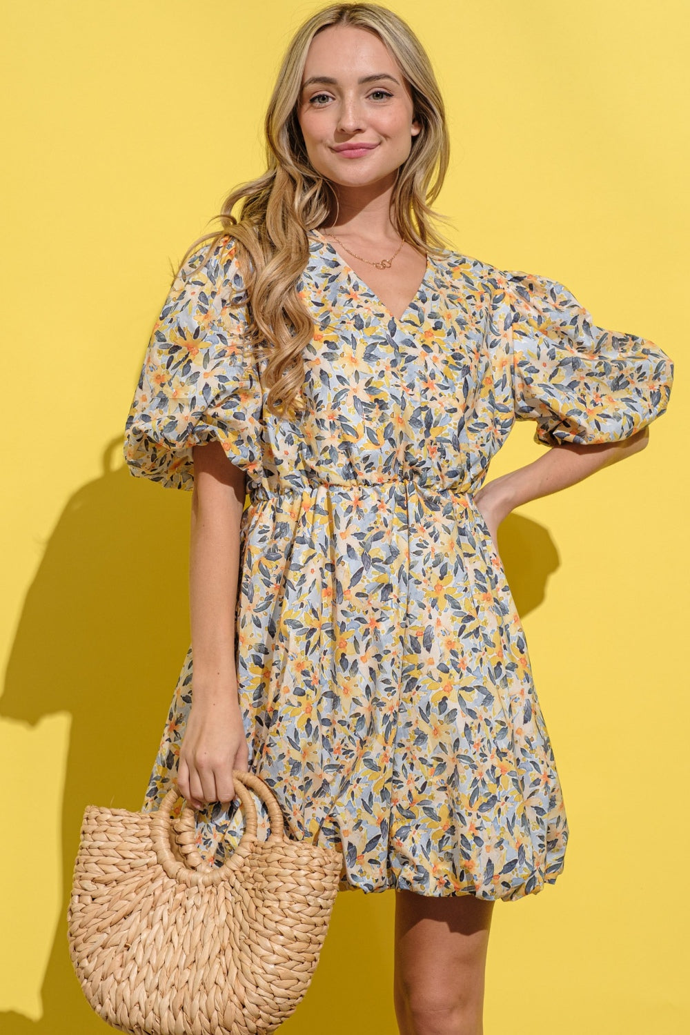 And The Why Floral Surplice Puff Sleeve Dress, Yellow